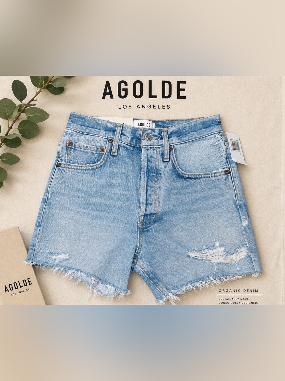 NWT AGOLDE Riley High Rise Slim Leg Denim Shorts Groove Light Wash 23 Jorts